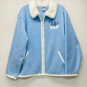 Cityscape L Zippered Fleece Jacket Blue White Faux Fur Collar white Trim Pockets